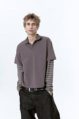 (BASE) LAYERED STRIPE POLO L/S TEE (CHARCOAL)