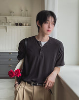 ハーネル レイヤード リブド ヘンリー ネック ショート スリーブ Tシャツ