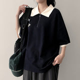 Light Half Zip-Up Coloring Collar Short Sleeve T-shirt