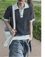 Windy Buckle Stripe Collar Short Sleeve Knit