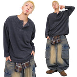 オーバーワッフルヘンリーネック長袖Tシャツ
