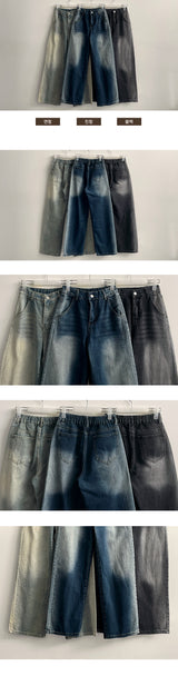 Seb washing waist banding wide denim pants