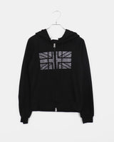 Jibil Rhinestone US フラッグクロップドロングスリーブフーディージップアップ