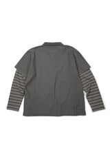 (BASE) LAYERED STRIPE POLO L/S TEE (CHARCOAL)