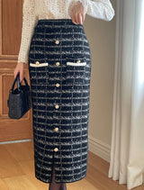 [Two-piece set] Rosy color matching knit cardigan banding skirt set