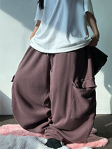 KOREAN 🧇 WAFFLE PUNCHING 🧇 LOOSE HIP CARGO BALLOON WIDE LONG PANTS 🩵🍓🩶 - 3 COLORS