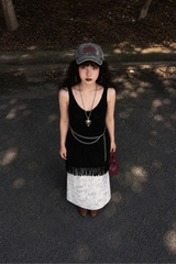 FRINGE-HEM KNIT V-NECK DRESS IN BLACK
