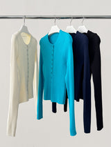 Chewing Ribbed Button Round Neck Long Sleeve Cardigan