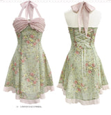 ROSE ISLAND Matcha Peach Dew Bowknot Halter Neck Light Pink Contrast Mint Green Old-fashioned Floral Dress