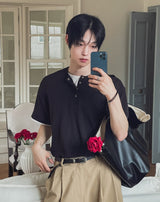 ハーネル レイヤード リブド ヘンリー ネック ショート スリーブ Tシャツ