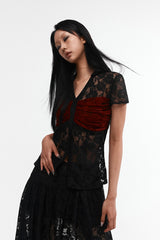 レースアシメトリックシャーリングスカート #BLACK