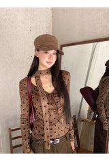 コットンウールスカーフドットブラウン長袖Tシャツ