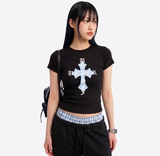 Stretch Cotton Slim Short Sleeve T-shirt Cross Black