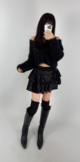 (SUPER CUTE/BUILT-IN SHORTS/ELASTIC WAIST♥) 2 COLORS ベルベットカンカンフレアストレッチミニスカート