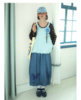UnsocialNight2025 Autumn New Original Blue Plaid Stitching Casual Flower Flower Skirt Women