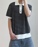 Windy Buckle Stripe Collar Short Sleeve Knit