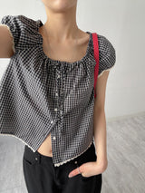 Lace Check Cap Sleeve Blouse