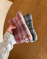 リネン タータンチェック フラットポーチ - ピンク, Mサイズ