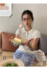 カラーボタンリボンカラーショートスリーブT