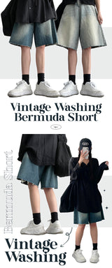 Latty Vintage Cutting Washed Bermuda Denim Shorts