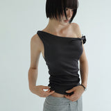 [Cheminte] Shirred Twist Asymmetric Off-Shoulder Sleeveless Top - 3 Colors