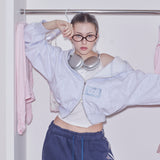 SW LOGO CROP ZIP UP HOODIE - WHITE MELANGE