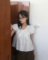 Newon Dot Lace Ribbon Short Sleeve Blouse