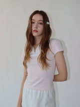 レースジップカラー半袖パフTシャツ(pink)