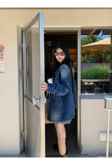 denim loose fit collar zip-up jacket two-piece (skirt set)