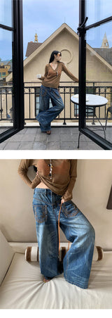 Pocket Embroidery ストレートロングデニムパンツ