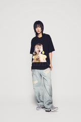 24FW FLOWER EARRINGS GIRL BABY FACE SHORT SLEEVE T-SHIRT (OVERSEAS EXCLUSIVE) BLACK