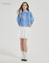 Ravina frill detail puff sleeve blouse blue