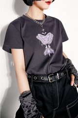 ラウンドネック, レギュラーショルダー, ルーズ半袖プリンティドTシャツ