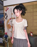 (3color) Lace Stripe Hood Short Sleeve Tee