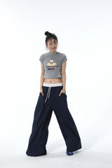Summon Oak American-style spliced contrast-color casual pants for women, loose straight-cut wide-leg sports trousers with a good draping effect