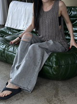 Gray washed damage wide pants