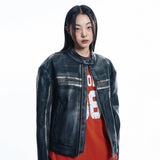 Washed Line Leather Jacket - BLACK