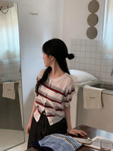 Multi Border Short Sleeve Knit Cardigan (3color)
