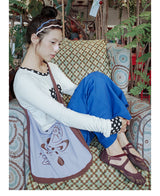 UnsocalNight2025 Original Literary Retro Autumn and Winter プリントブルーストレートマシェパンツ
