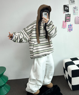フリース❤リベットツーピンタックロングパンツ🖤🤍🩶3カラー