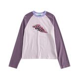 Riverstone Plus Fruit Print Raglan Sleeve Women's T-shirt, New Autumn Contrast Stripe Long Sleeve Top