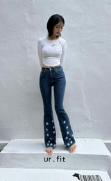 DARK BLUE EMBROIDERED SPANDEX BOOTCUT DENIM PANTS code 18315