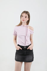 オフショルダーツイスト半袖Tシャツ Pink