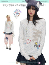 BETWEENAND Women’s long-sleeved T-shirt in autumn style, featuring beautiful white polka-dot lace trimmings