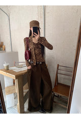 コットンウールスカーフドットブラウン長袖Tシャツ