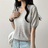 Lean-Linen カラーストライプダンガラ半袖ニット [Round Neck & V-Neck]