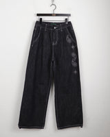 Skoll two-way pintuck paisley cubic stitch non-fade denim long wide pants