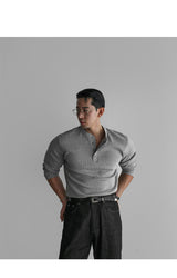 リブ付きヘンリーネックマッスル長袖ニットTシャツ [Gray]