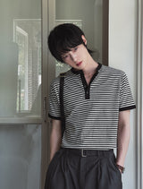 Yushi Stripe Henley Neck Short Sleeve T-Shirt
