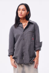 FINE PLAID RANDOM STITCH SILVER THREAD LOGO SQUARE LABEL HEM COLOR-TOOTH ZIPPER SIDE HAND-SEWN BUTTON SHIRT